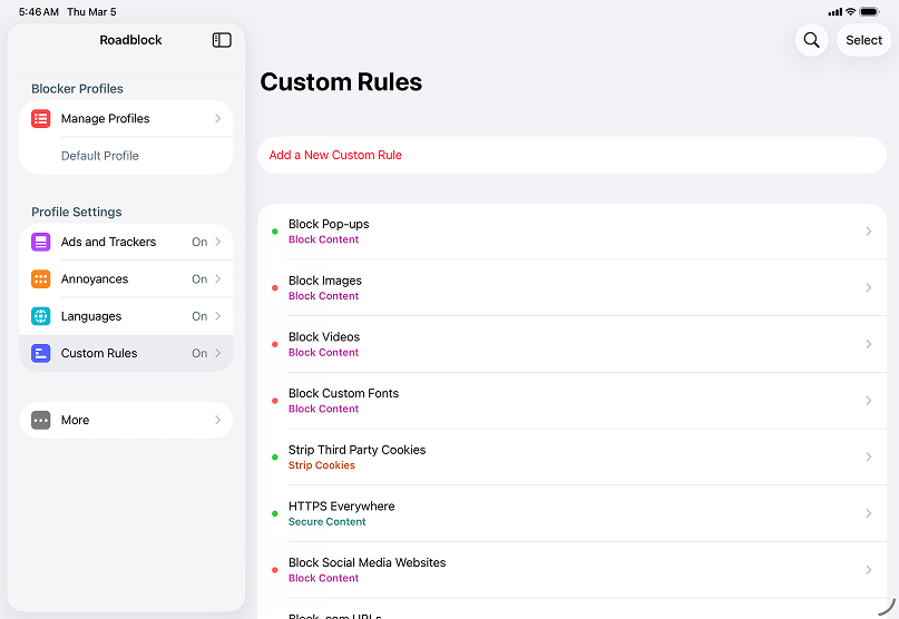 Roadblock app showing the profiles section