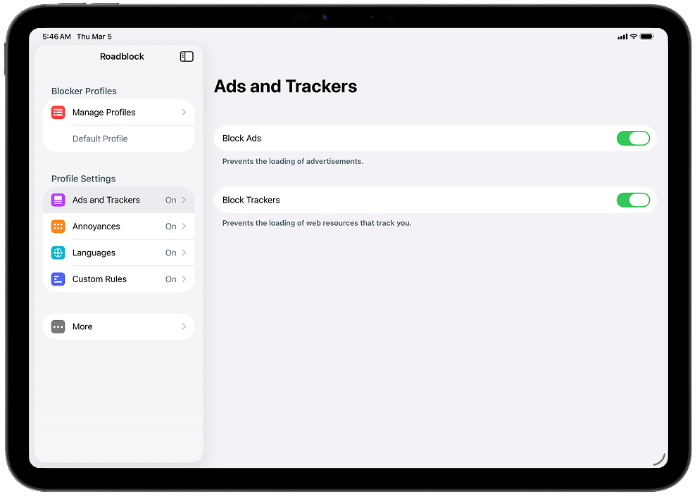 Roadblock app showing its main interface
