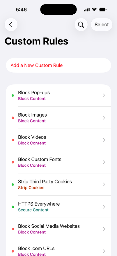 Roadblock app showing the custom rules section