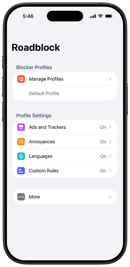 Roadblock app showing its main interface