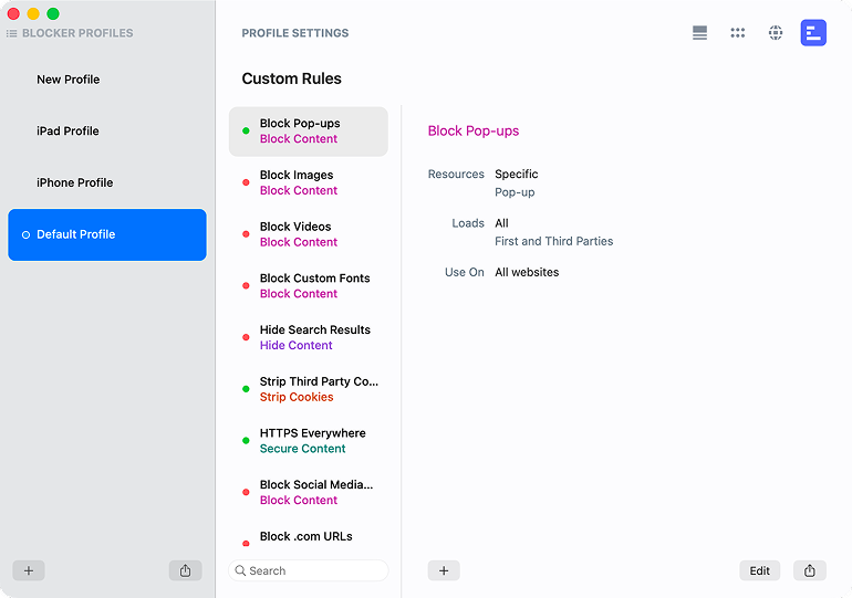 Roadblock app showing the profiles section
