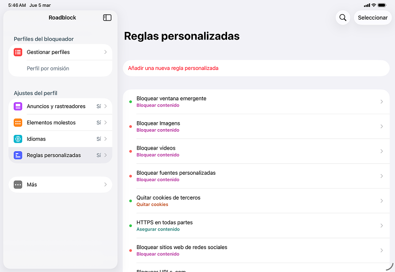Aplicación Roadblock mostrando la sección de perfiles