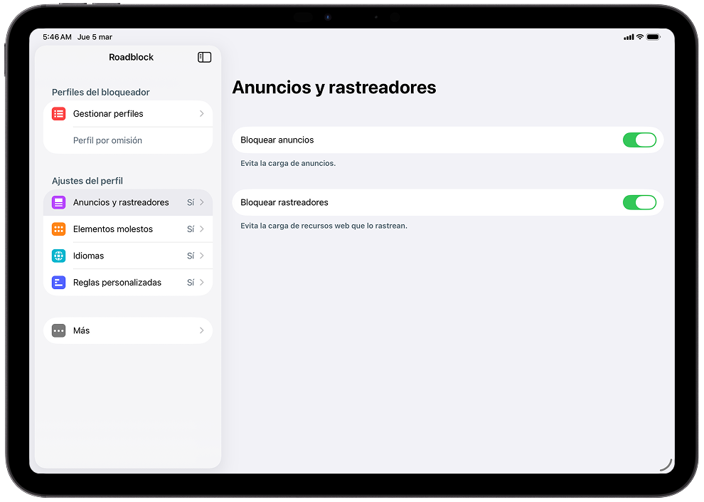 Aplicación Roadblock mostrando su interfaz principal