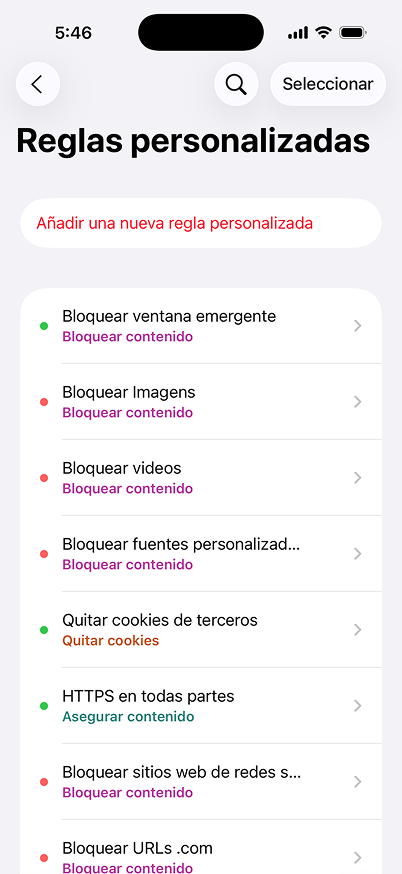 Aplicación Roadblock mostrando la sección de reglas personalizadas