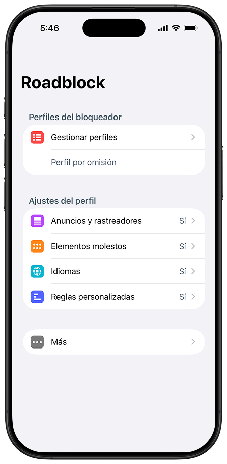 Aplicación Roadblock mostrando su interfaz principal