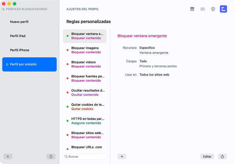 Aplicación Roadblock mostrando la sección de perfiles